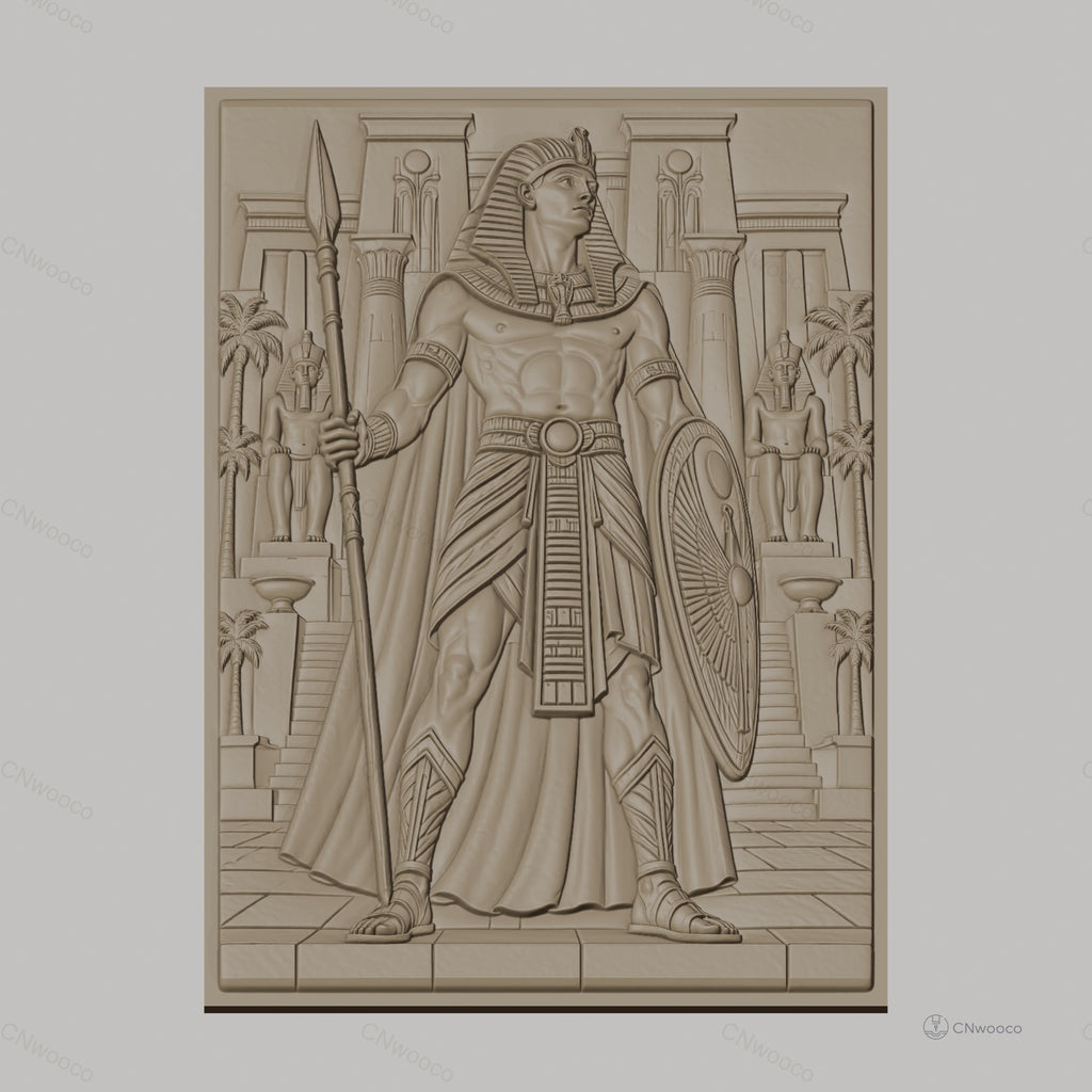 Fichier CNC & impression 3D héros égyptien, temple, statues, bouclier et lance, haute qualité relief STL