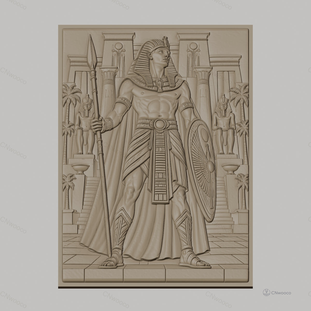 Fichier CNC & impression 3D héros égyptien, temple, statues, bouclier et lance, haute qualité relief STL