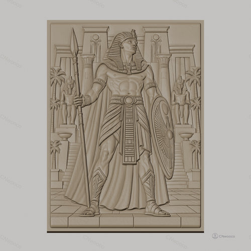 Fichier CNC & impression 3D héros égyptien, temple, statues, bouclier et lance, haute qualité relief STL