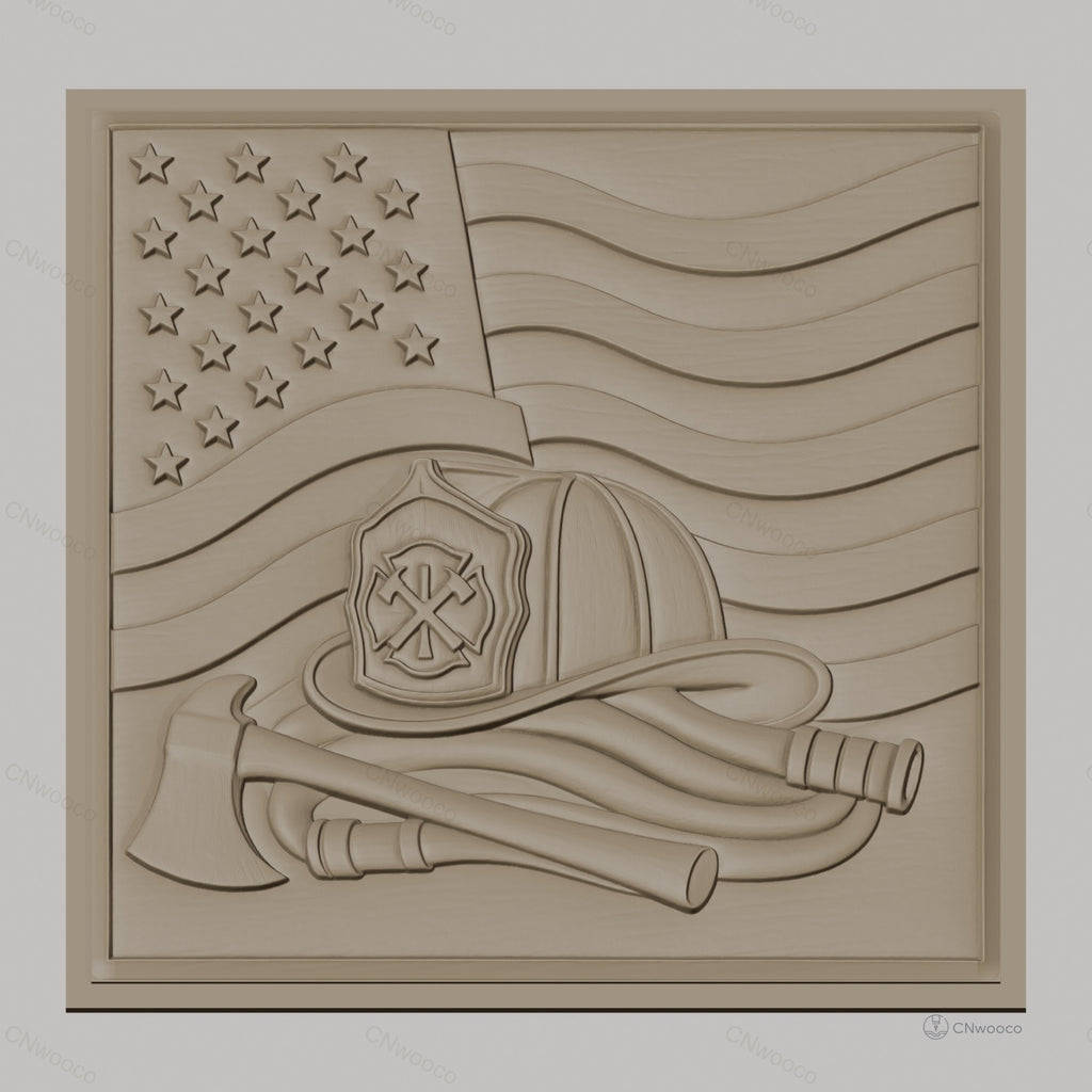 Fichier CNC & impression 3D drapeau américain, casque pompier, hache et tuyau, haute qualité relief STL