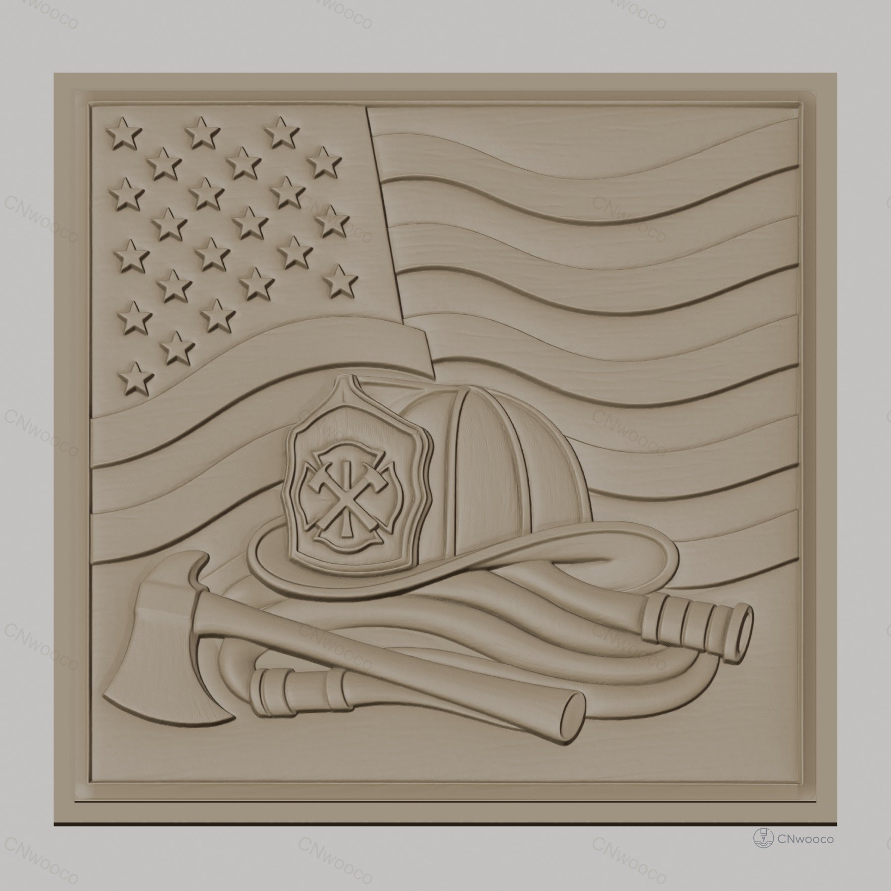 Fichier CNC & impression 3D drapeau américain, casque pompier, hache et tuyau, haute qualité relief STL