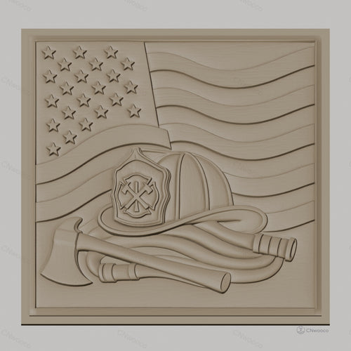 Fichier CNC & impression 3D drapeau américain, casque pompier, hache et tuyau, haute qualité relief STL