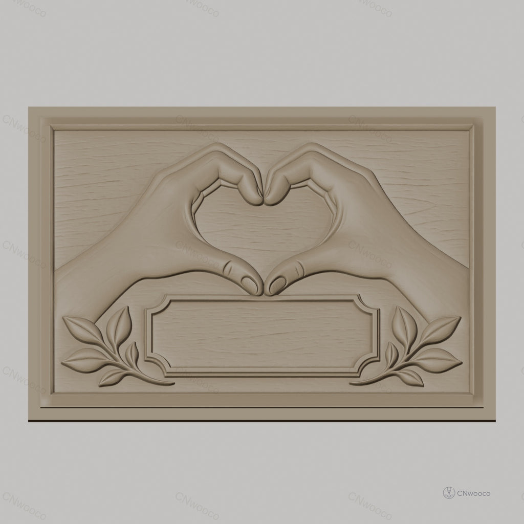 Fichier CNC & impression 3D mains formant un cœur, cadre et feuilles décoratives, haute qualité relief STL