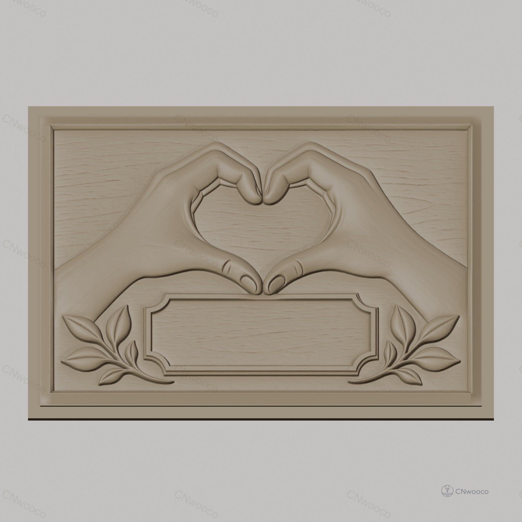 Fichier CNC & impression 3D mains formant un cœur, cadre et feuilles décoratives, haute qualité relief STL