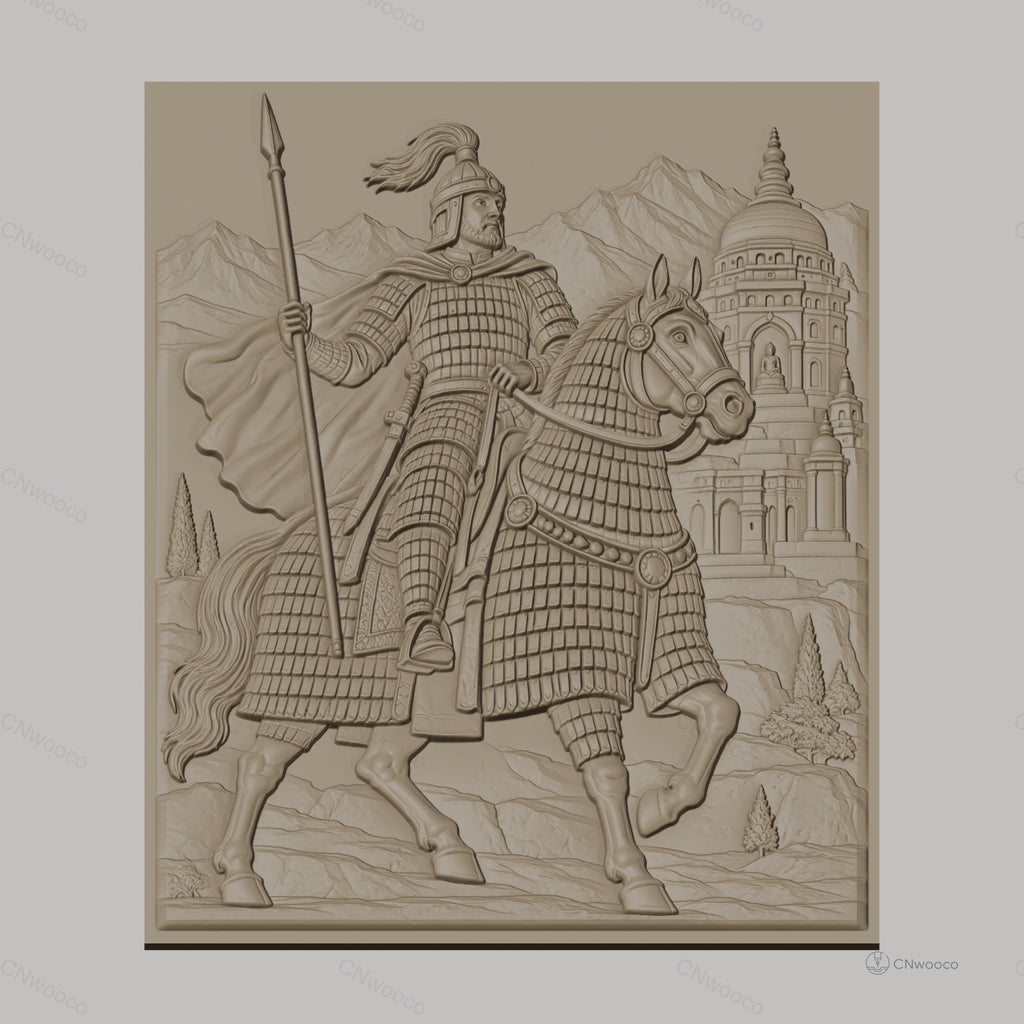 Fichier CNC & impression 3D chevalier à cheval en armure, temple et montagnes, haute qualité relief STL