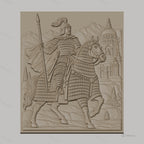 Fichier CNC & impression 3D chevalier à cheval en armure, temple et montagnes, haute qualité relief STL