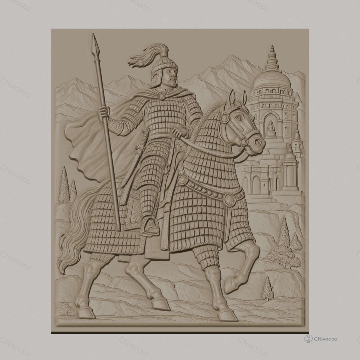 Fichier CNC & impression 3D chevalier à cheval en armure, temple et montagnes, haute qualité relief STL