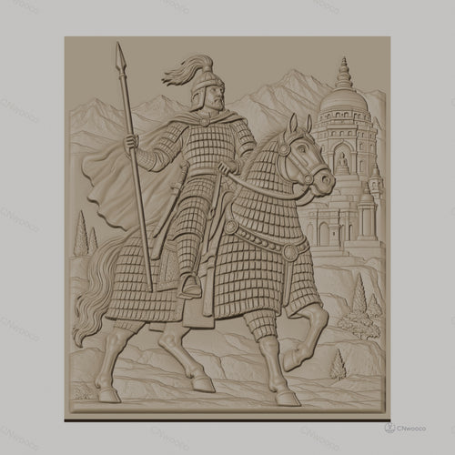 Fichier CNC & impression 3D chevalier à cheval en armure, temple et montagnes, haute qualité relief STL