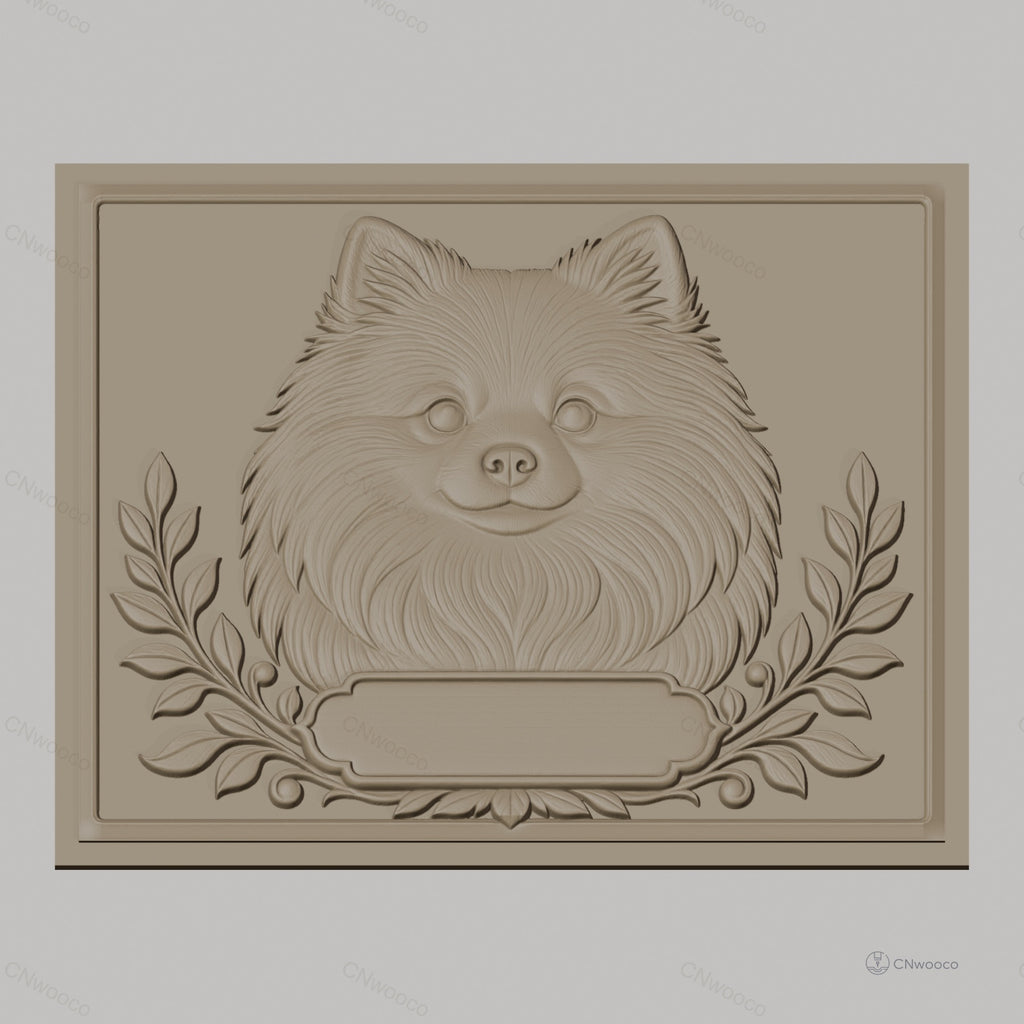 Fichier CNC & impression 3D portrait chien Pomeranian, cadre avec feuilles décoratives, haute qualité relief STL