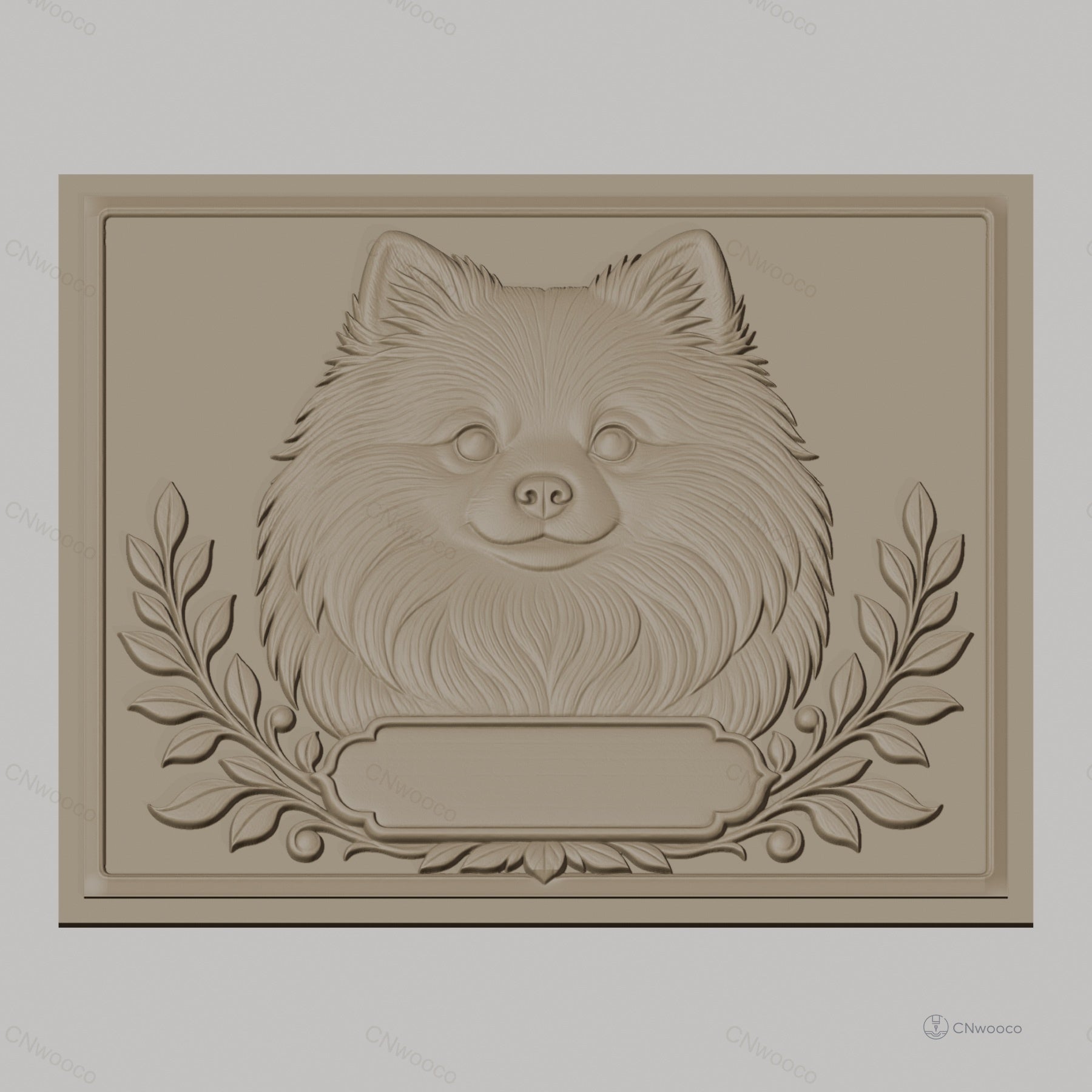Fichier CNC & impression 3D portrait chien Pomeranian, cadre avec feuilles décoratives, haute qualité relief STL