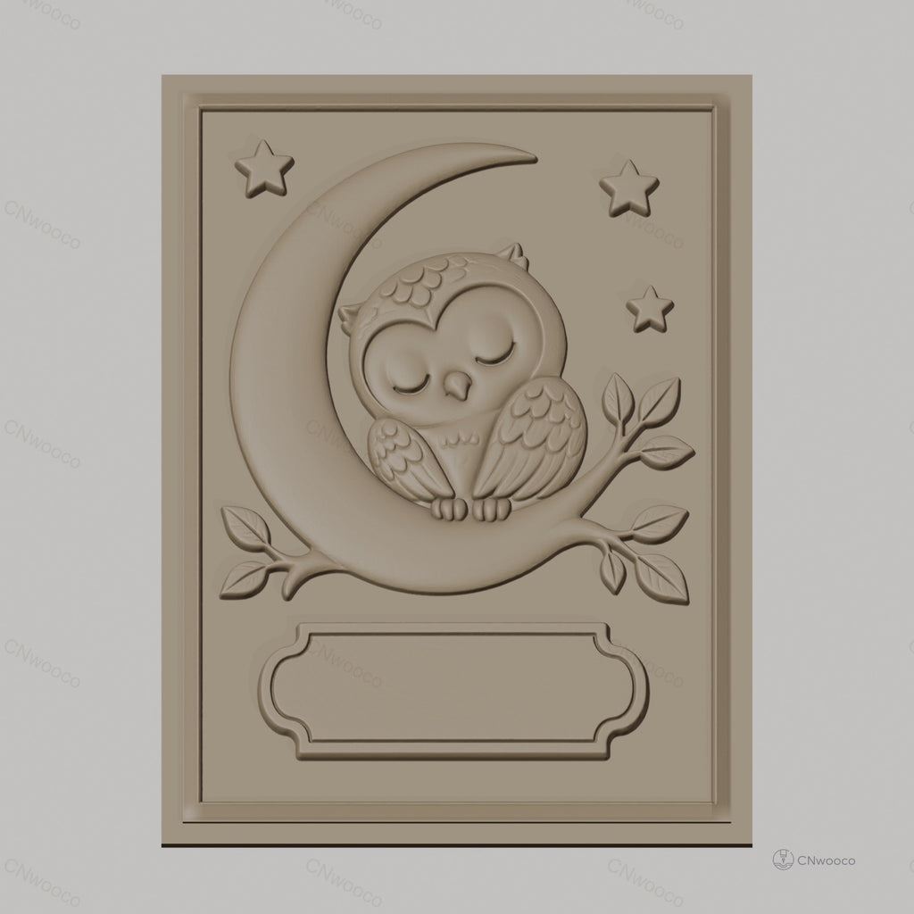 Fichier CNC & impression 3D chouette endormie sur lune avec étoiles et branche, haute qualité relief STL