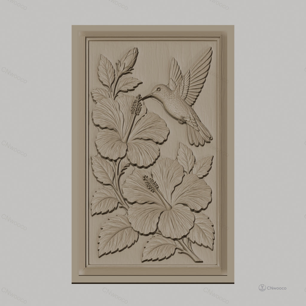 Fichier CNC & impression 3D colibri et fleurs d'hibiscus, feuilles détaillées haute qualité relief STL