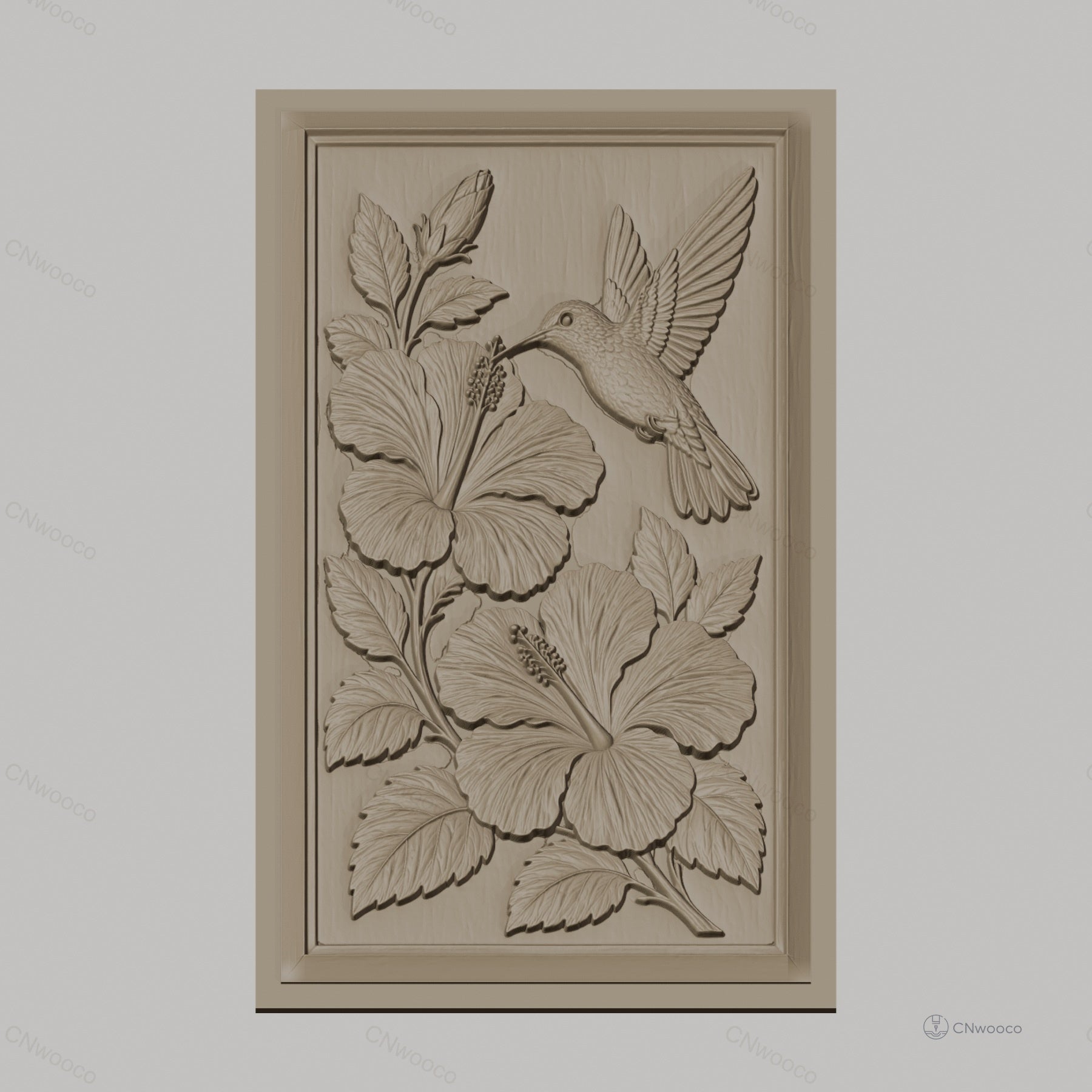 Fichier CNC & impression 3D colibri et fleurs d'hibiscus, feuilles détaillées haute qualité relief STL