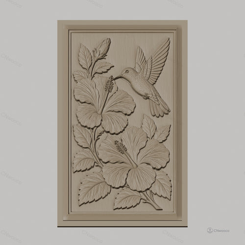 Fichier CNC & impression 3D colibri et fleurs d'hibiscus, feuilles détaillées haute qualité relief STL