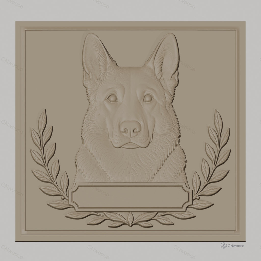 Fichier CNC & impression 3D chien berger allemand, tête de chien avec couronne de laurier, haute qualité relief STL