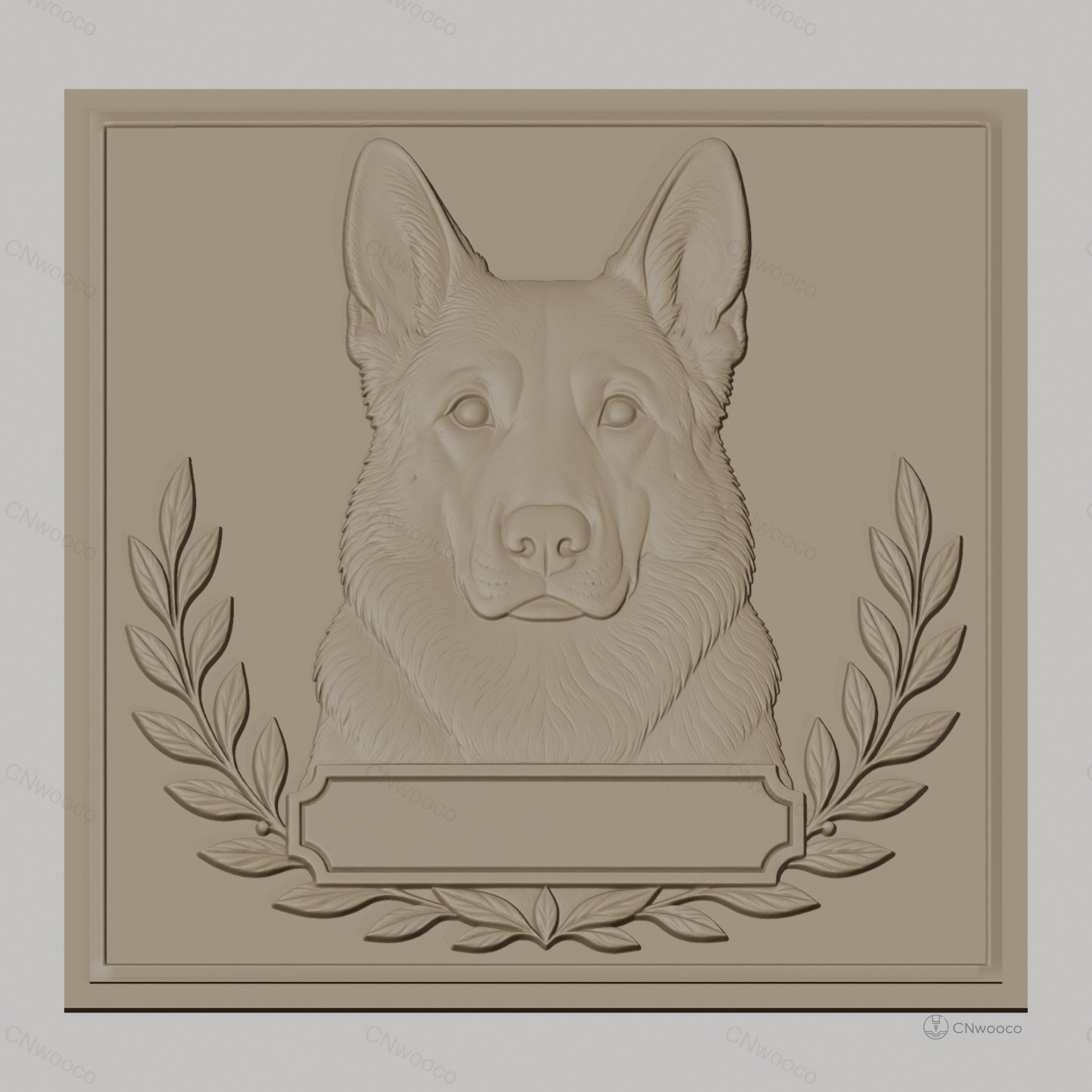 Fichier CNC & impression 3D chien berger allemand, tête de chien avec couronne de laurier, haute qualité relief STL