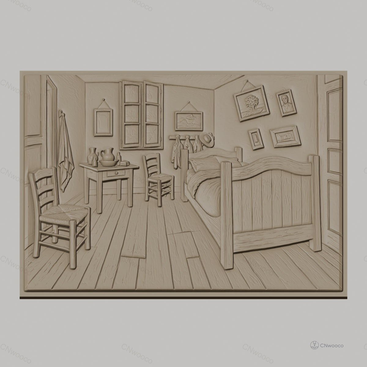 Fichier CNC & impression 3D chambre ancienne, lit, chaise, table, tableaux, haute qualité relief STL