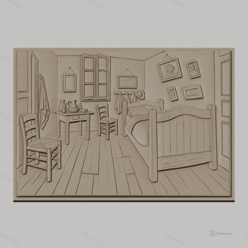 Fichier CNC & impression 3D chambre ancienne, lit, chaise, table, tableaux, haute qualité relief STL