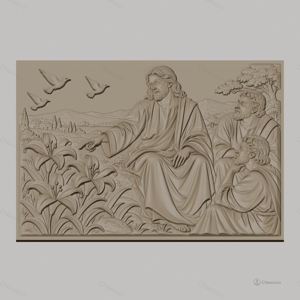 Fichier CNC & impression 3D Jésus enseignant avec disciples, fleurs et colombes, haute qualité relief STL