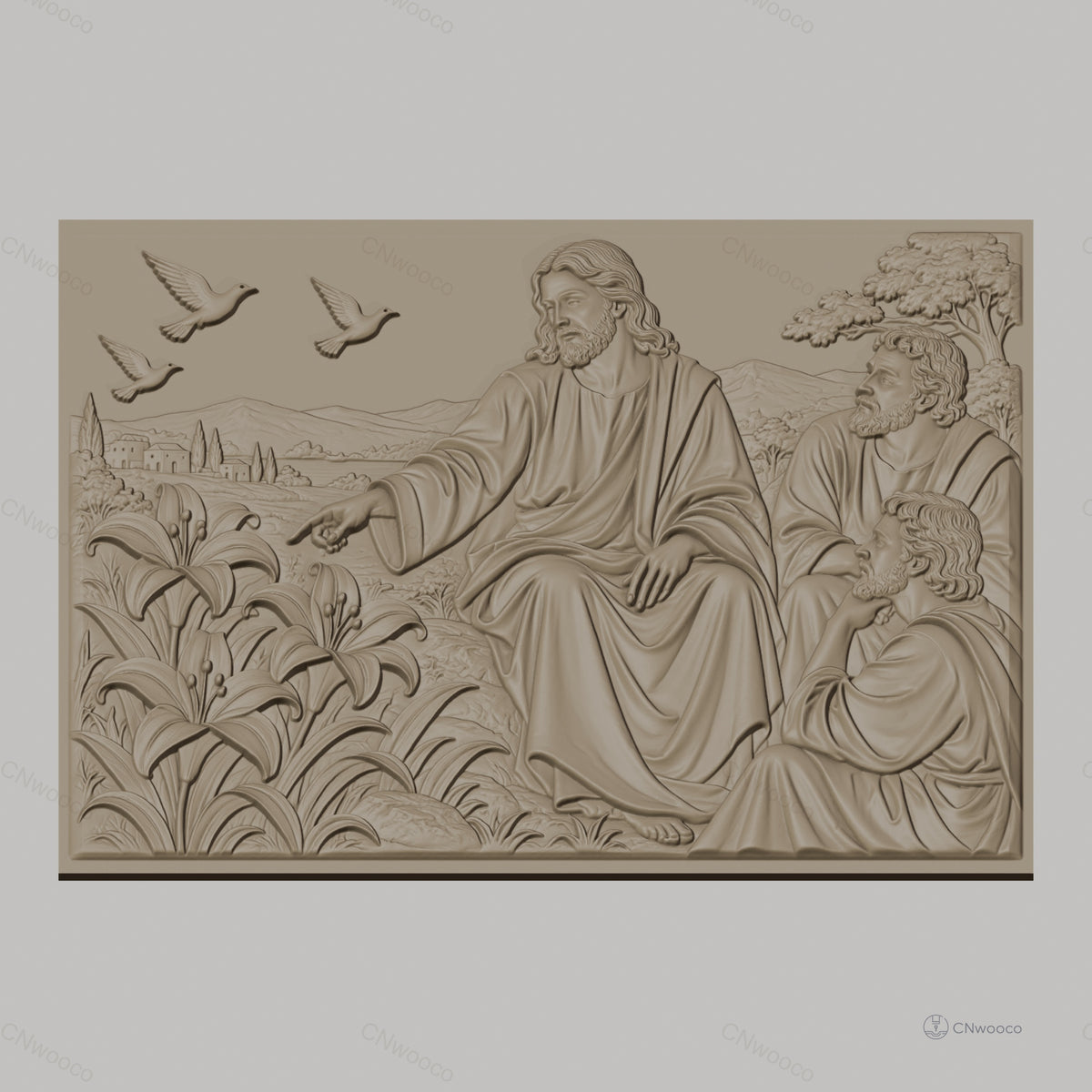Fichier CNC & impression 3D Jésus enseignant avec disciples, fleurs et colombes, haute qualité relief STL