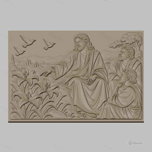 Fichier CNC & impression 3D Jésus enseignant avec disciples, fleurs et colombes, haute qualité relief STL