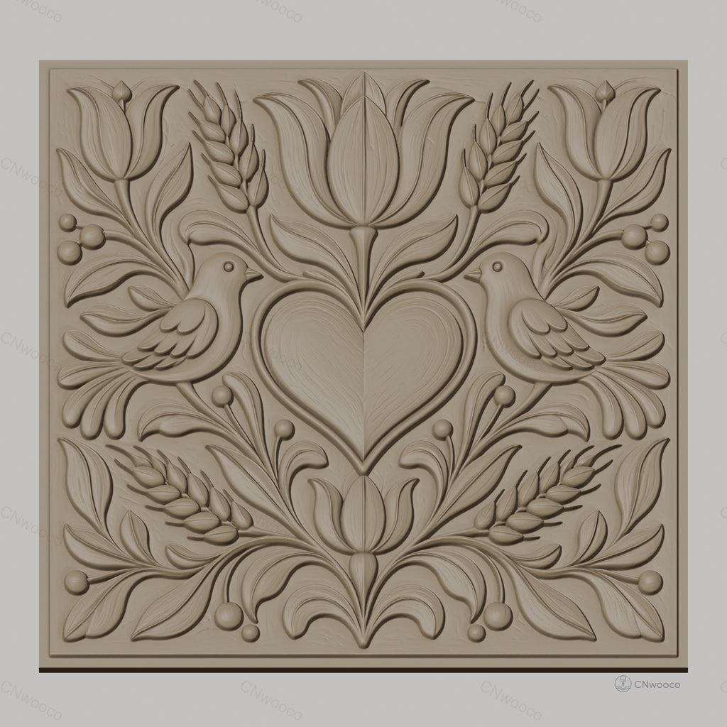 Fichier CNC & impression 3D relief coeur, oiseaux, fleurs et épis de blé, haute qualité relief STL