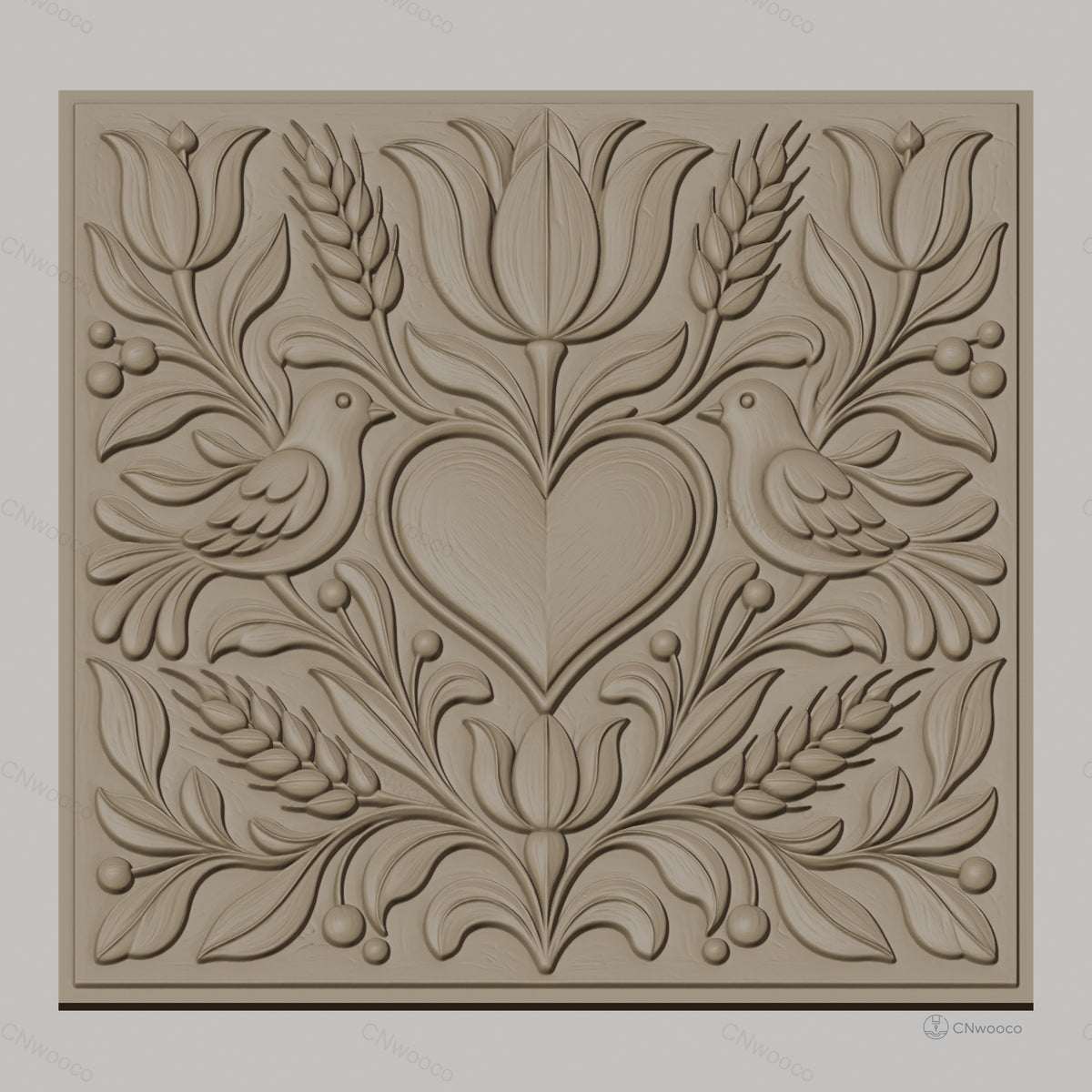 Fichier CNC & impression 3D relief coeur, oiseaux, fleurs et épis de blé, haute qualité relief STL