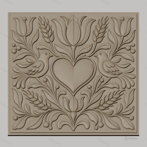 Fichier CNC & impression 3D relief coeur, oiseaux, fleurs et épis de blé, haute qualité relief STL