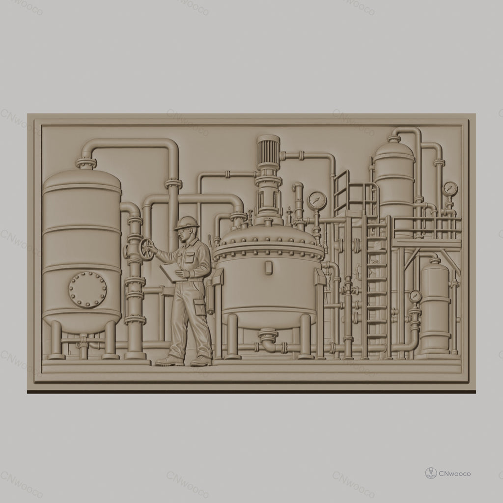 Fichier CNC & impression 3D industrie chimique, machine usine avec opérateur, haute qualité relief STL