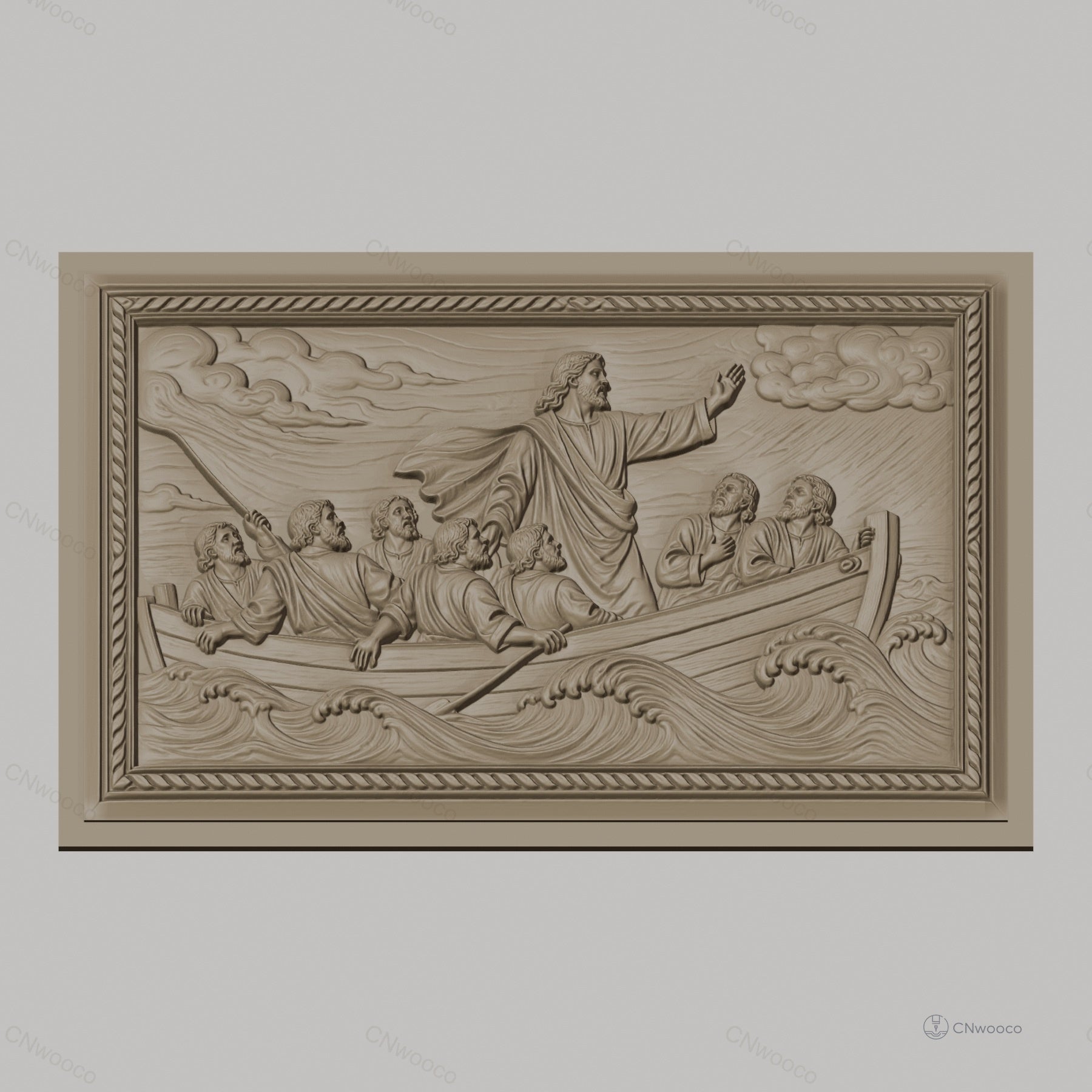Fichier CNC & impression 3D Jésus apaisant la tempête, scène biblique en bateau, haute qualité relief STL