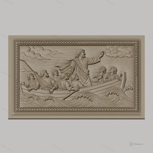 Fichier CNC & impression 3D Jésus apaisant la tempête, scène biblique en bateau, haute qualité relief STL