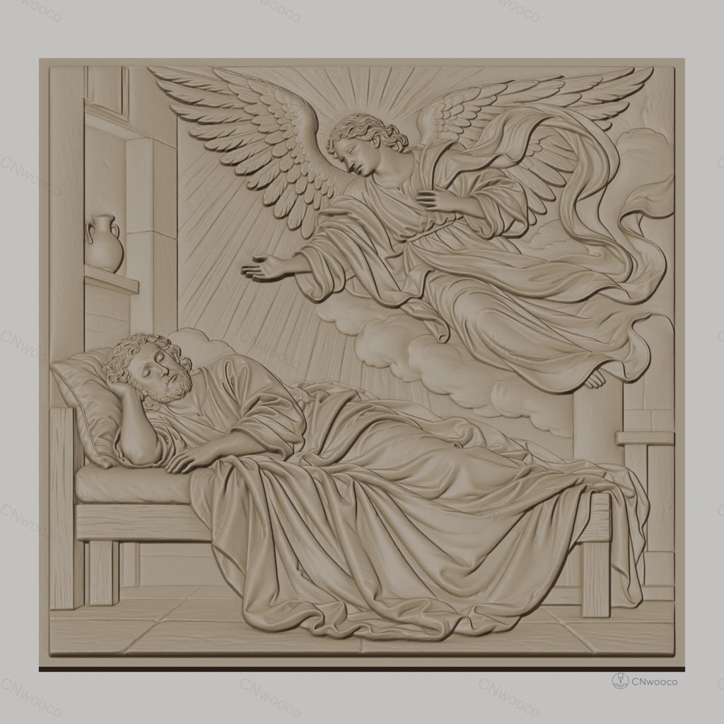 Fichier CNC & impression 3D ange visitant homme dormant, drapés et nuage, haute qualité relief STL