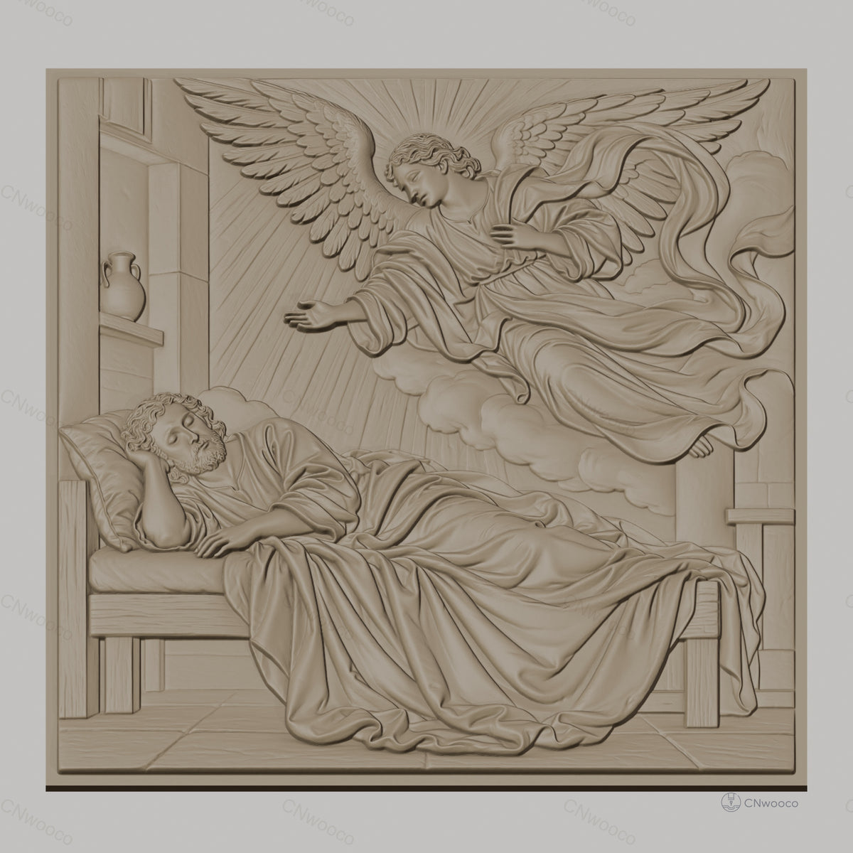 Fichier CNC & impression 3D ange visitant homme dormant, drapés et nuage, haute qualité relief STL