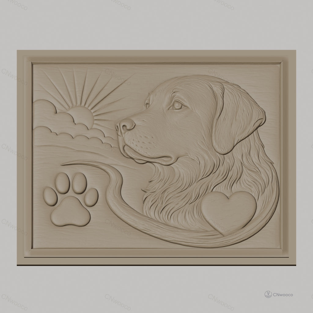 Fichier CNC & impression 3D chien Golden Retriever, patte, cœur et soleil, haute qualité relief STL