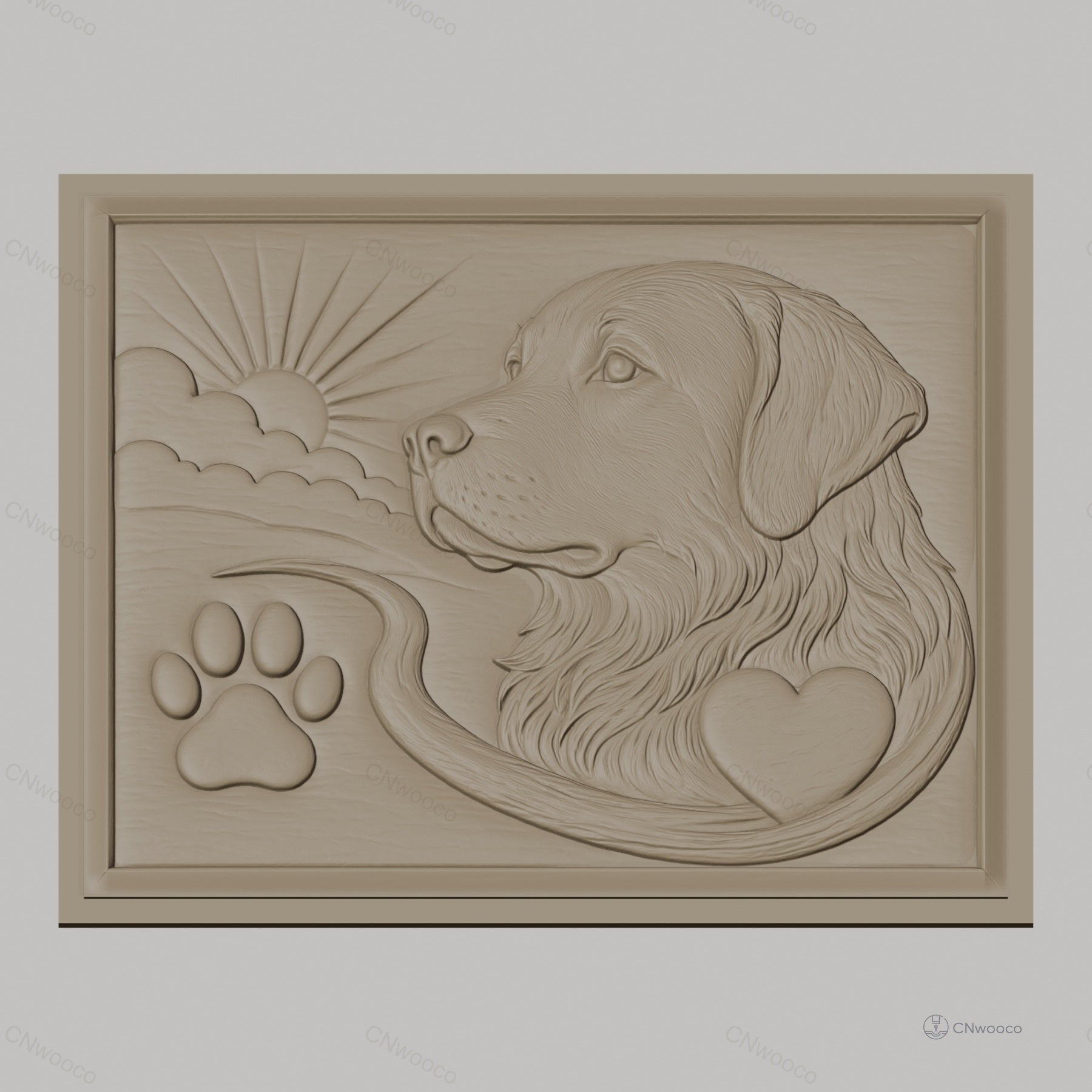 Fichier CNC & impression 3D chien Golden Retriever, patte, cœur et soleil, haute qualité relief STL