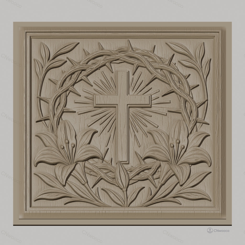 Fichier CNC & impression 3D croix chrétienne, couronne d’épines et lys, haute qualité relief STL