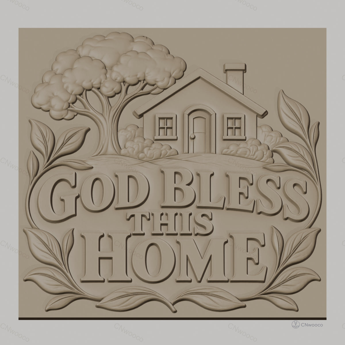 Fichier CNC & impression 3D maison avec arbre, texte God Bless This Home, haute qualité relief STL