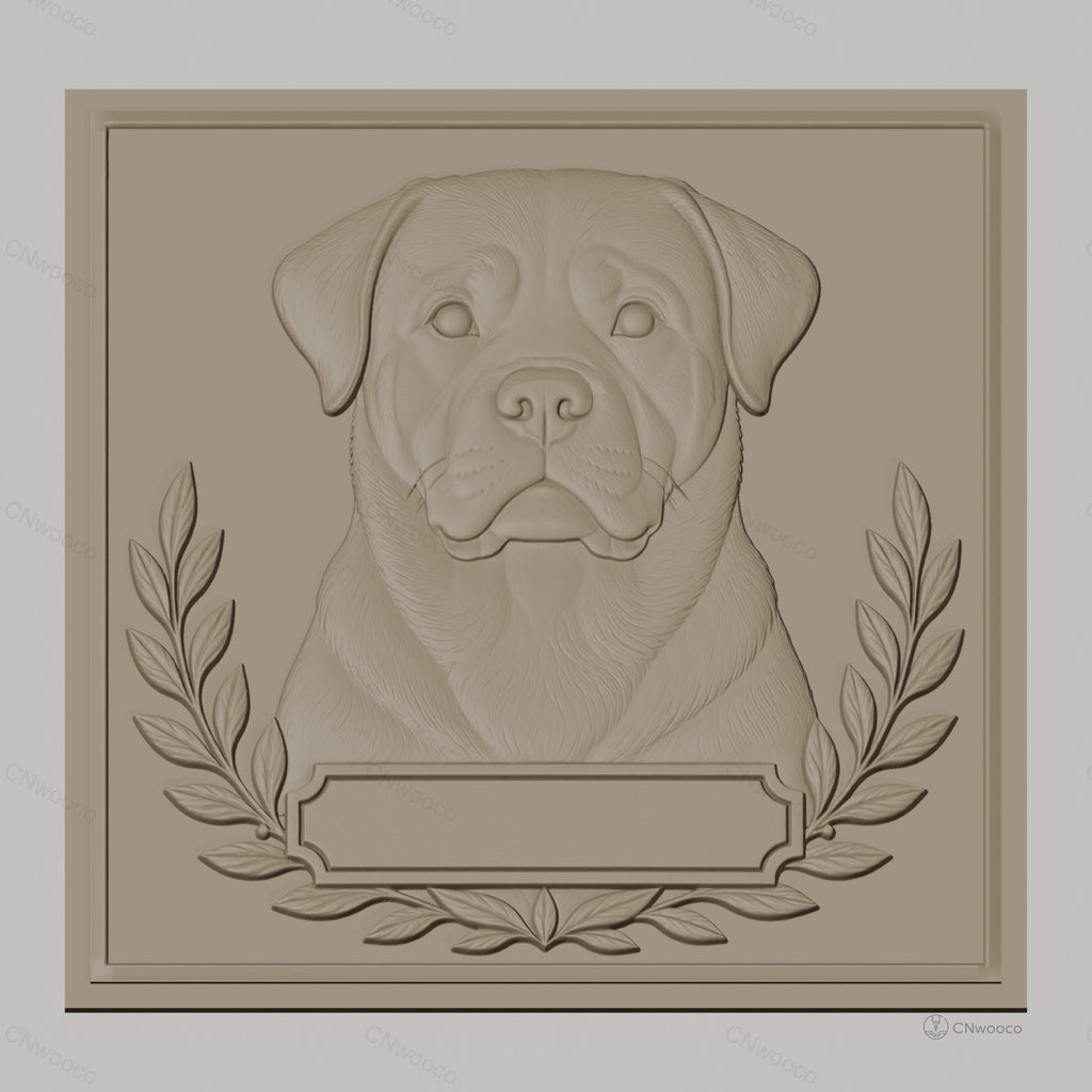 Fichier CNC & impression 3D chien Rottweiler portrait avec cadres et feuilles, haute qualité relief STL