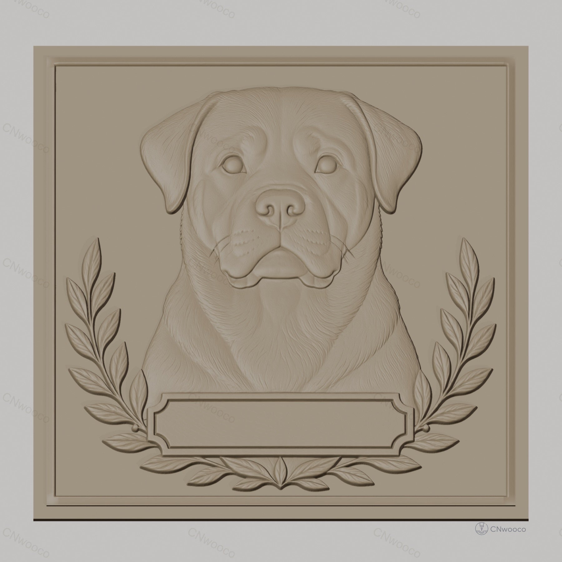 Fichier CNC & impression 3D chien Rottweiler portrait avec cadres et feuilles, haute qualité relief STL