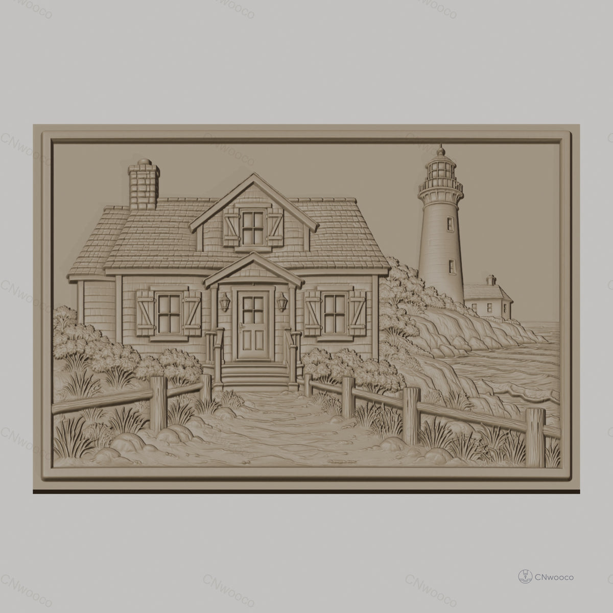Fichier CNC & impression 3D maison au bord de mer, phare, sentier et végétation, haute qualité relief STL