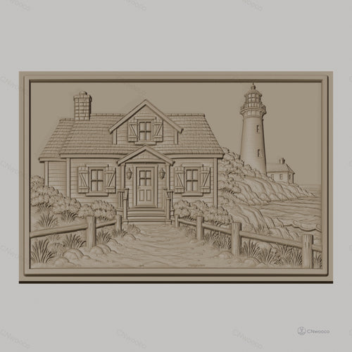 Fichier CNC & impression 3D maison au bord de mer, phare, sentier et végétation, haute qualité relief STL