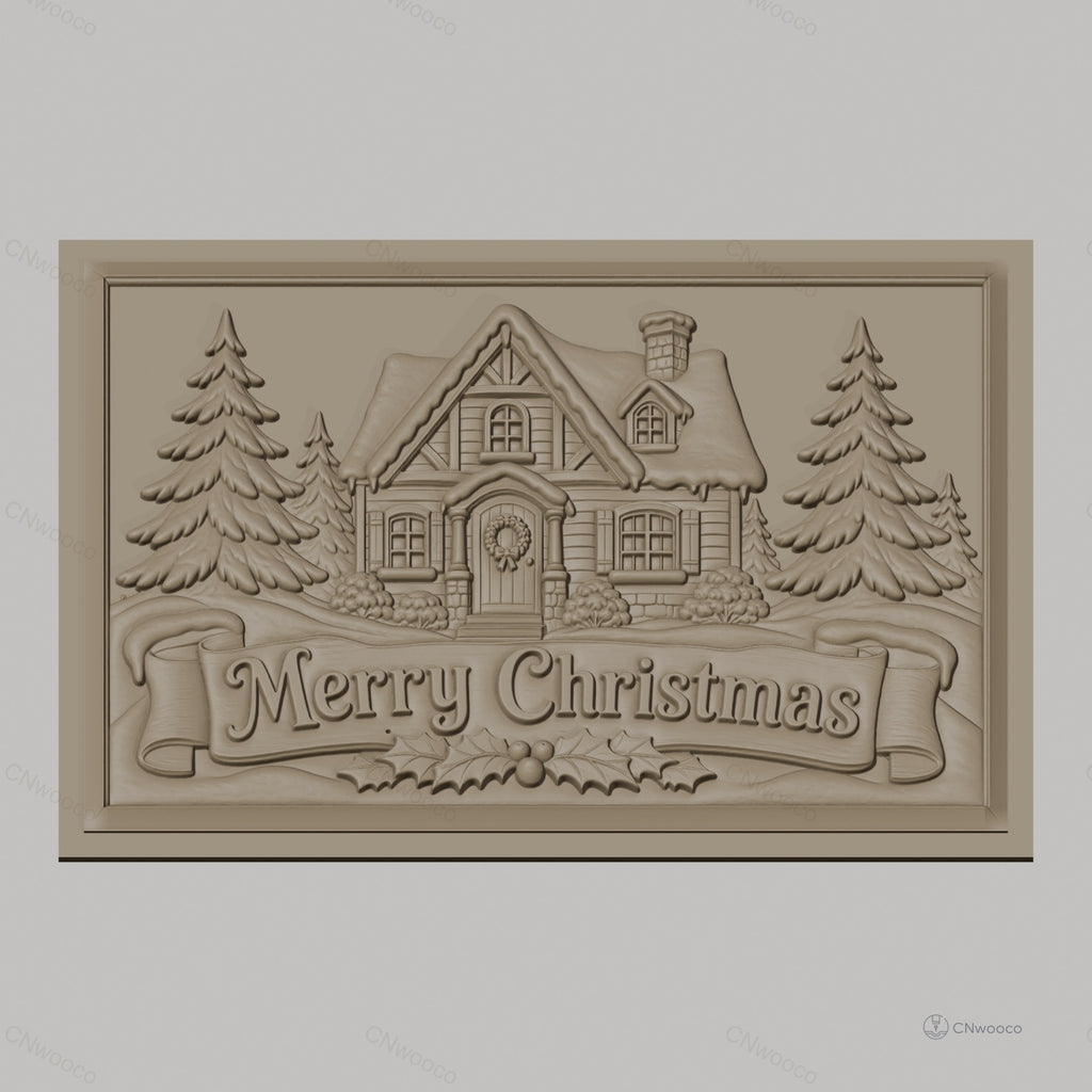 Fichier CNC & impression 3D chalet de Noël, sapins et bannière Merry Christmas, haute qualité relief STL