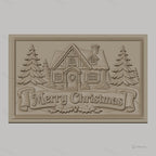 Fichier CNC & impression 3D chalet de Noël, sapins et bannière Merry Christmas, haute qualité relief STL