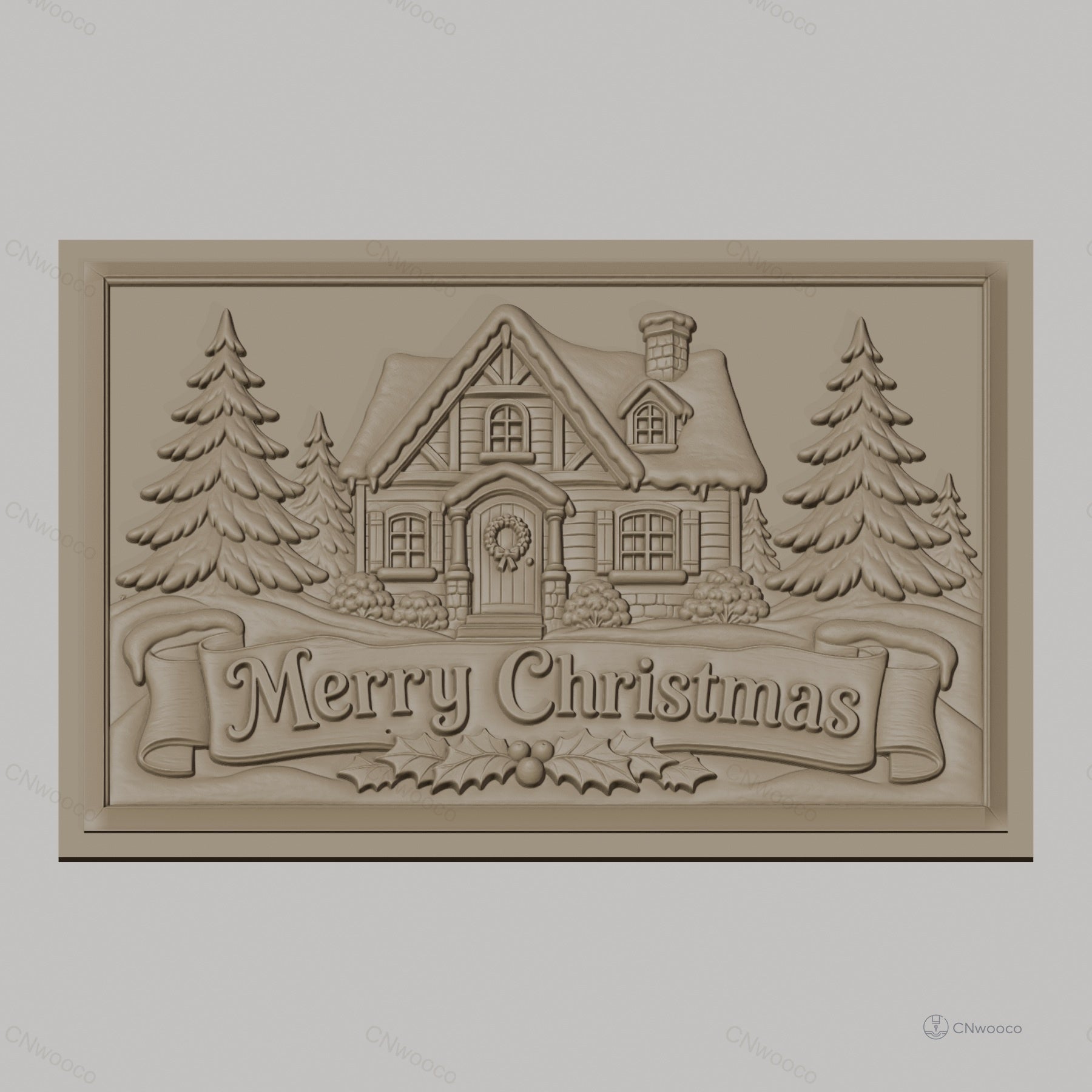 Fichier CNC & impression 3D chalet de Noël, sapins et bannière Merry Christmas, haute qualité relief STL