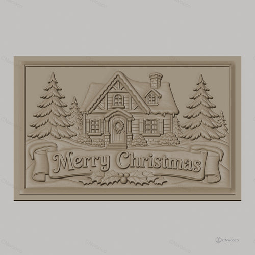 Fichier CNC & impression 3D chalet de Noël, sapins et bannière Merry Christmas, haute qualité relief STL