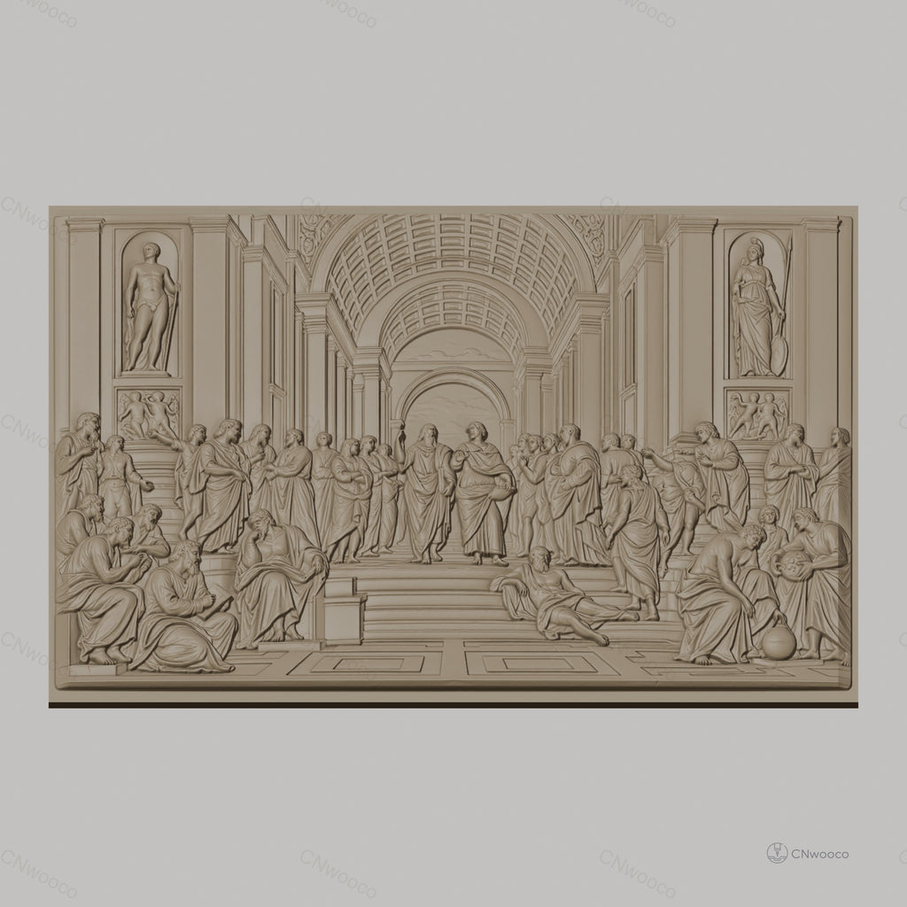 Fichier CNC & impression 3D école d athènes, figures philosophiques et architecture classique, haute qualité relief STL