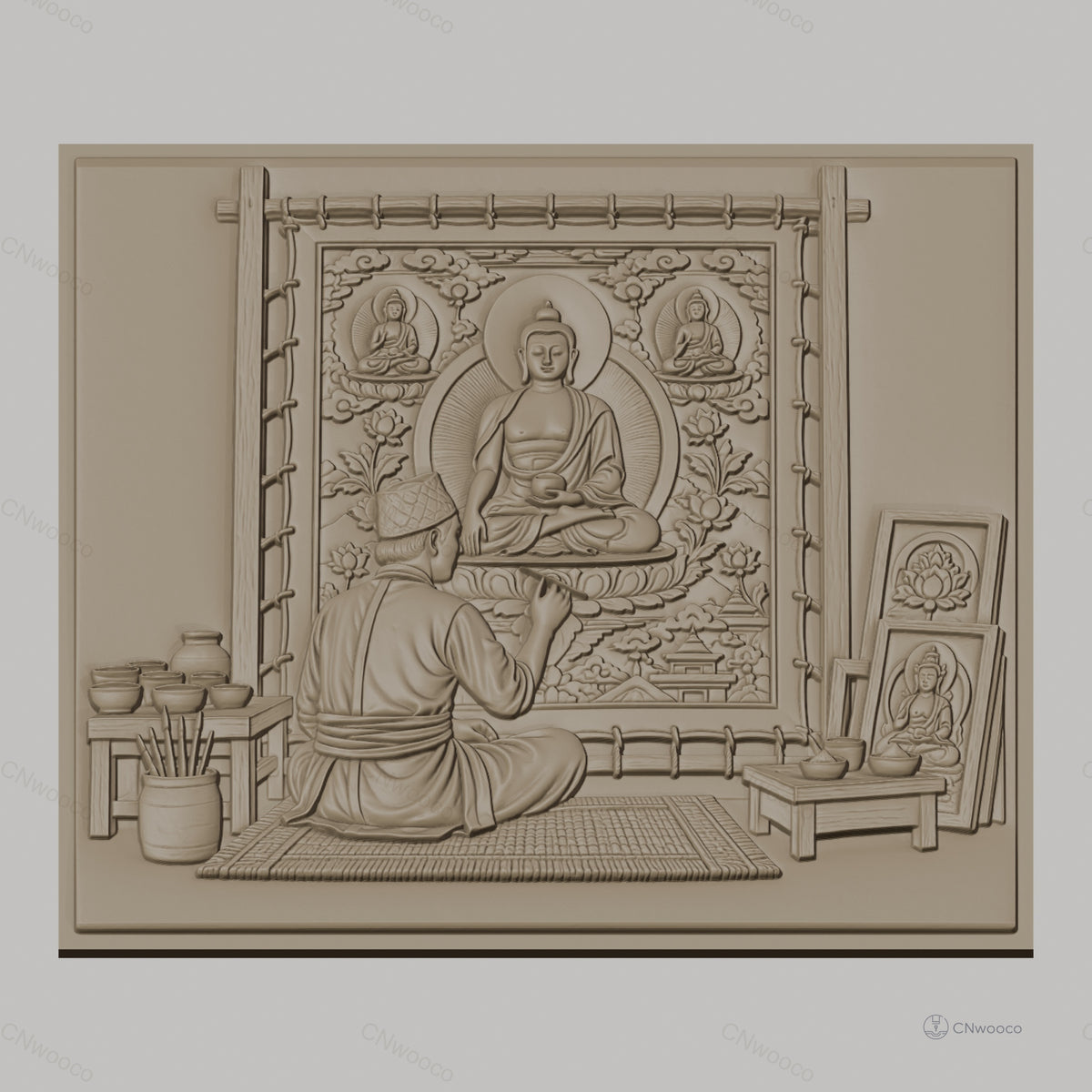 Fichier CNC & impression 3D art bouddhiste, peintre portrait Bouddha, haute qualité relief STL