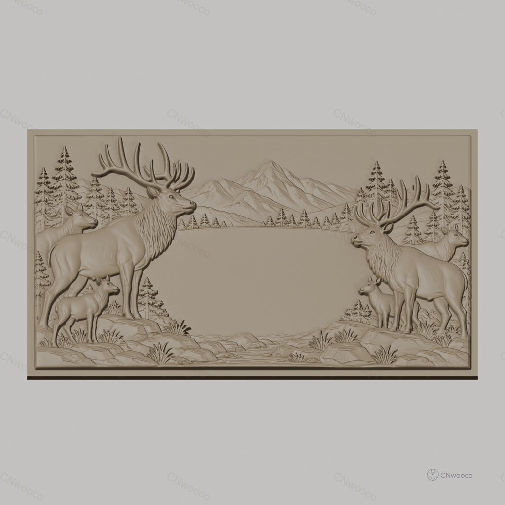 Fichier CNC & impression 3D cerfs et faons en forêt avec montagne en arrière-plan, haute qualité relief STL