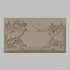 Fichier CNC & impression 3D cerfs et faons en forêt avec montagne en arrière-plan, haute qualité relief STL