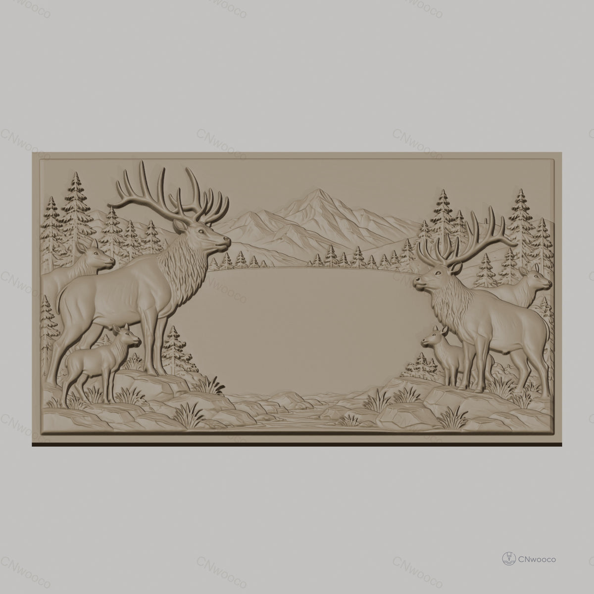 Fichier CNC & impression 3D cerfs et faons en forêt avec montagne en arrière-plan, haute qualité relief STL